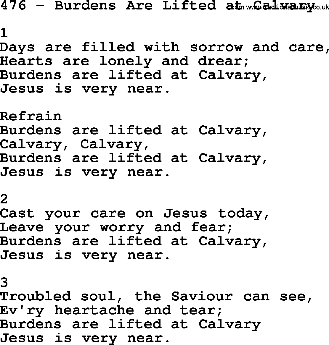 Complete Adventis Hymnal, title: 476-Burdens Are Lifted At Calvary, with lyrics, midi, mp3, powerpoints(PPT) and PDF,