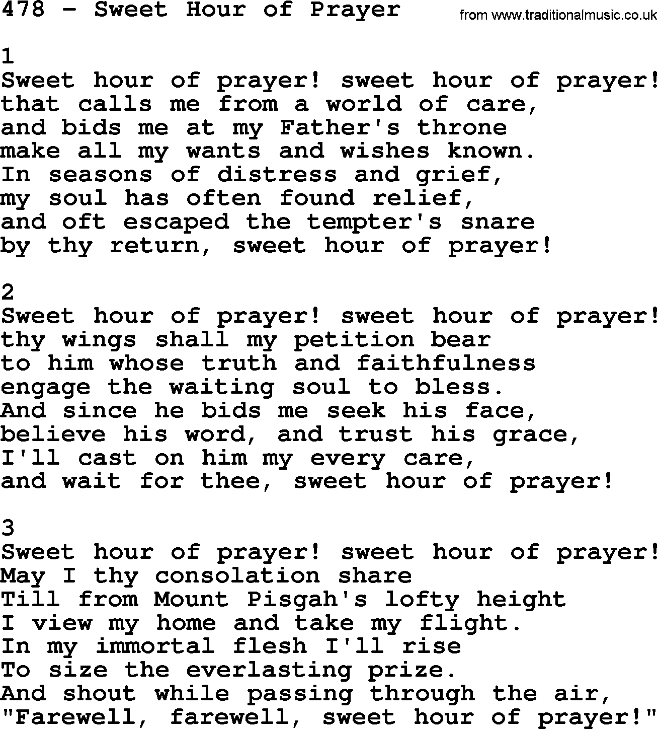 Complete Adventis Hymnal, title: 478-Sweet Hour Of Prayer, with lyrics, midi, mp3, powerpoints(PPT) and PDF,