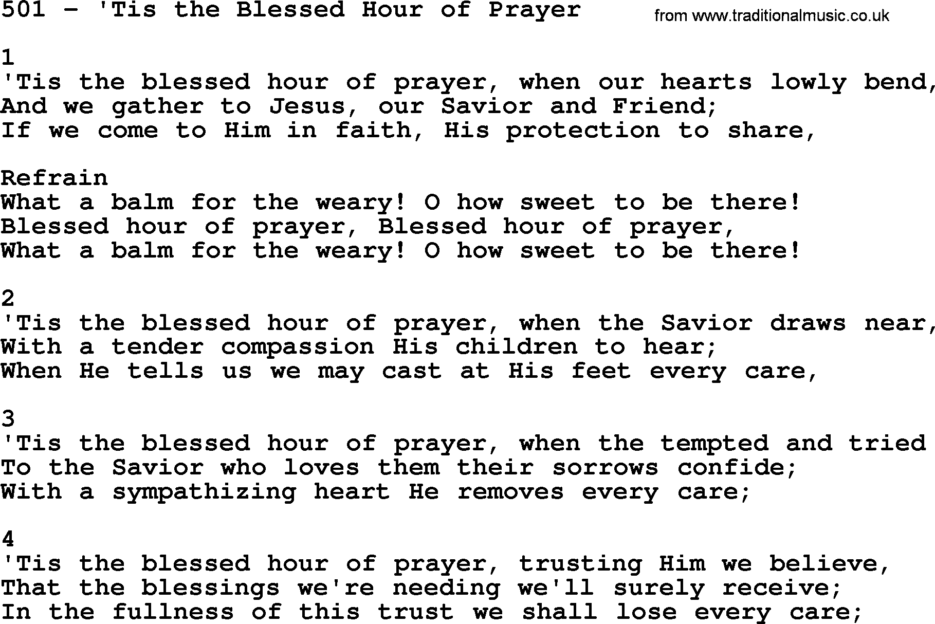 Complete Adventis Hymnal, title: 501-'Tis The Blessed Hour Of Prayer, with lyrics, midi, mp3, powerpoints(PPT) and PDF,