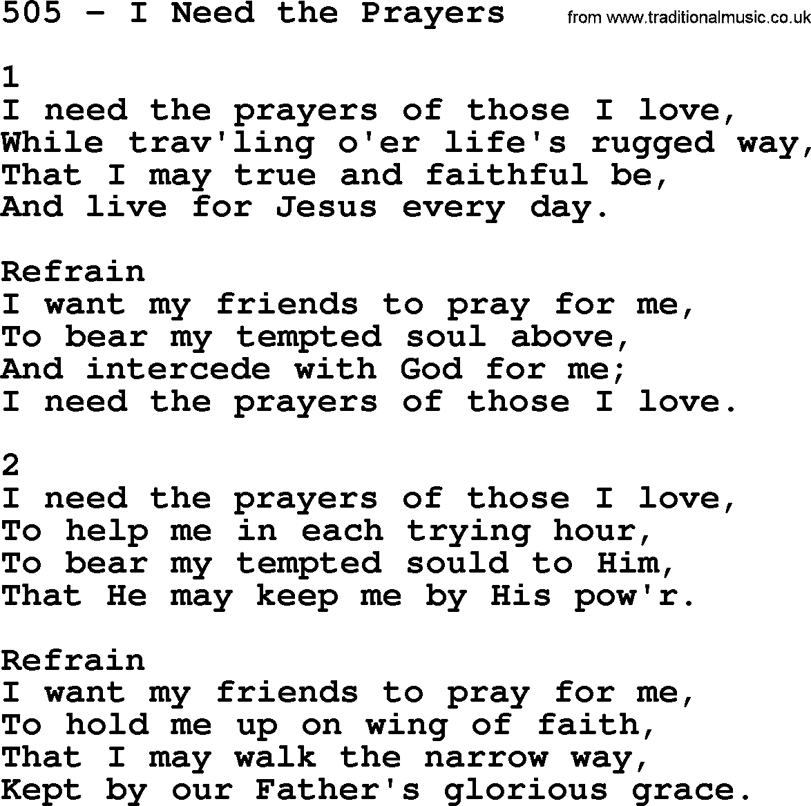 Complete Adventis Hymnal, title: 505-I Need The Prayers, with lyrics, midi, mp3, powerpoints(PPT) and PDF,