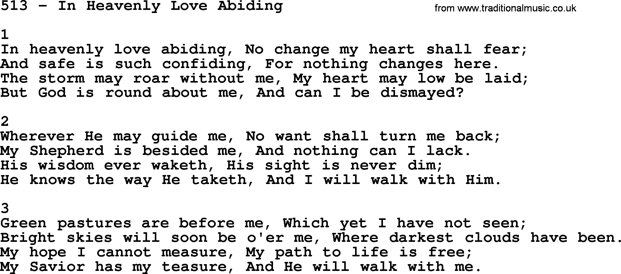 Complete Adventis Hymnal, title: 513-In Heavenly Love Abiding, with lyrics, midi, mp3, powerpoints(PPT) and PDF,