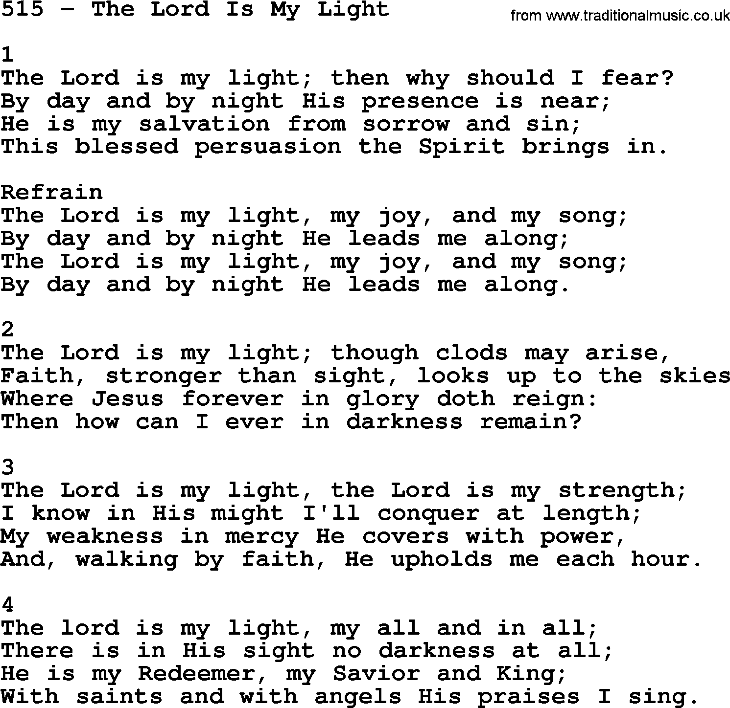 Complete Adventis Hymnal, title: 515-The Lord Is My Light, with lyrics, midi, mp3, powerpoints(PPT) and PDF,