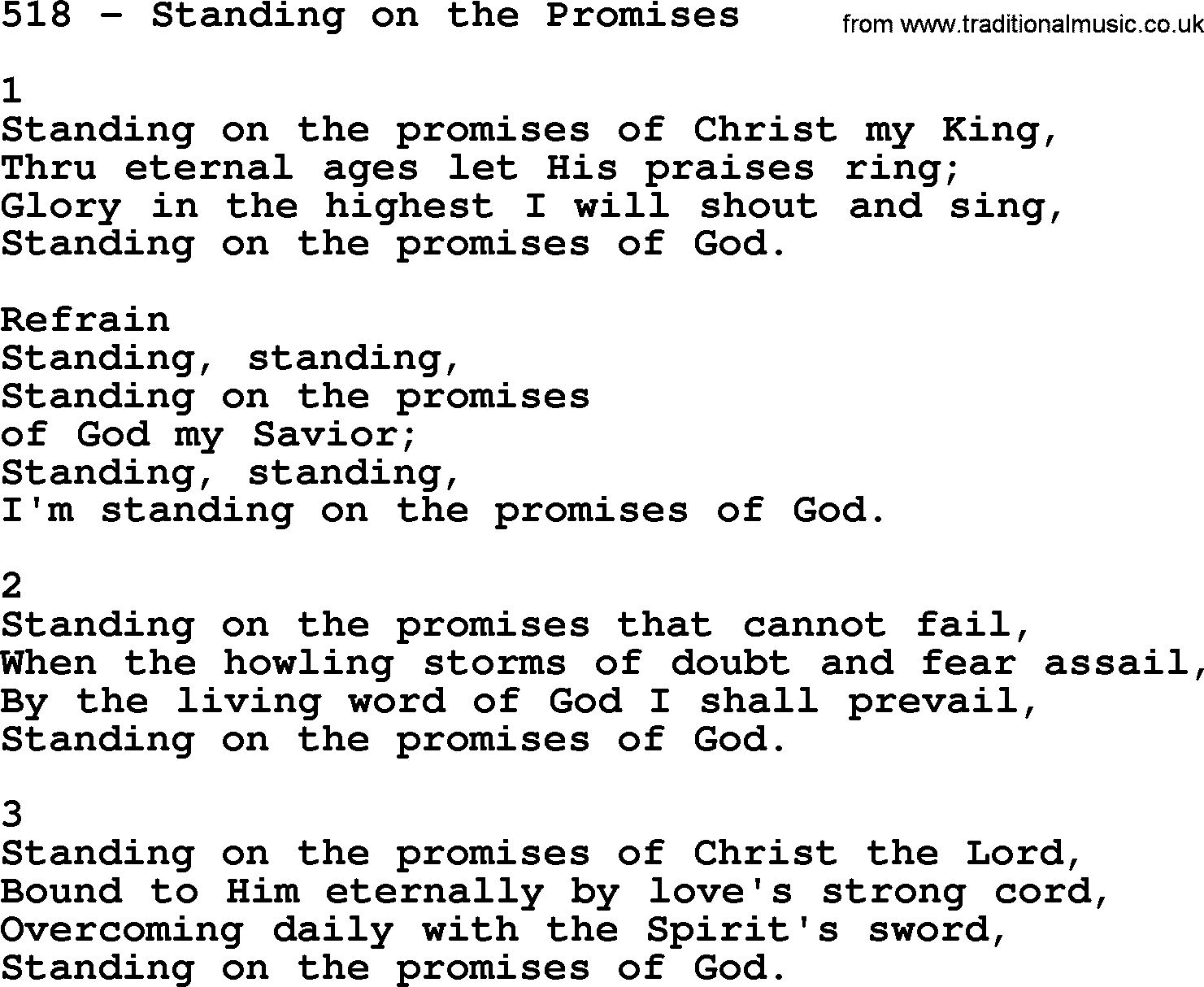 Complete Adventis Hymnal, title: 518-Standing On The Promises, with lyrics, midi, mp3, powerpoints(PPT) and PDF,