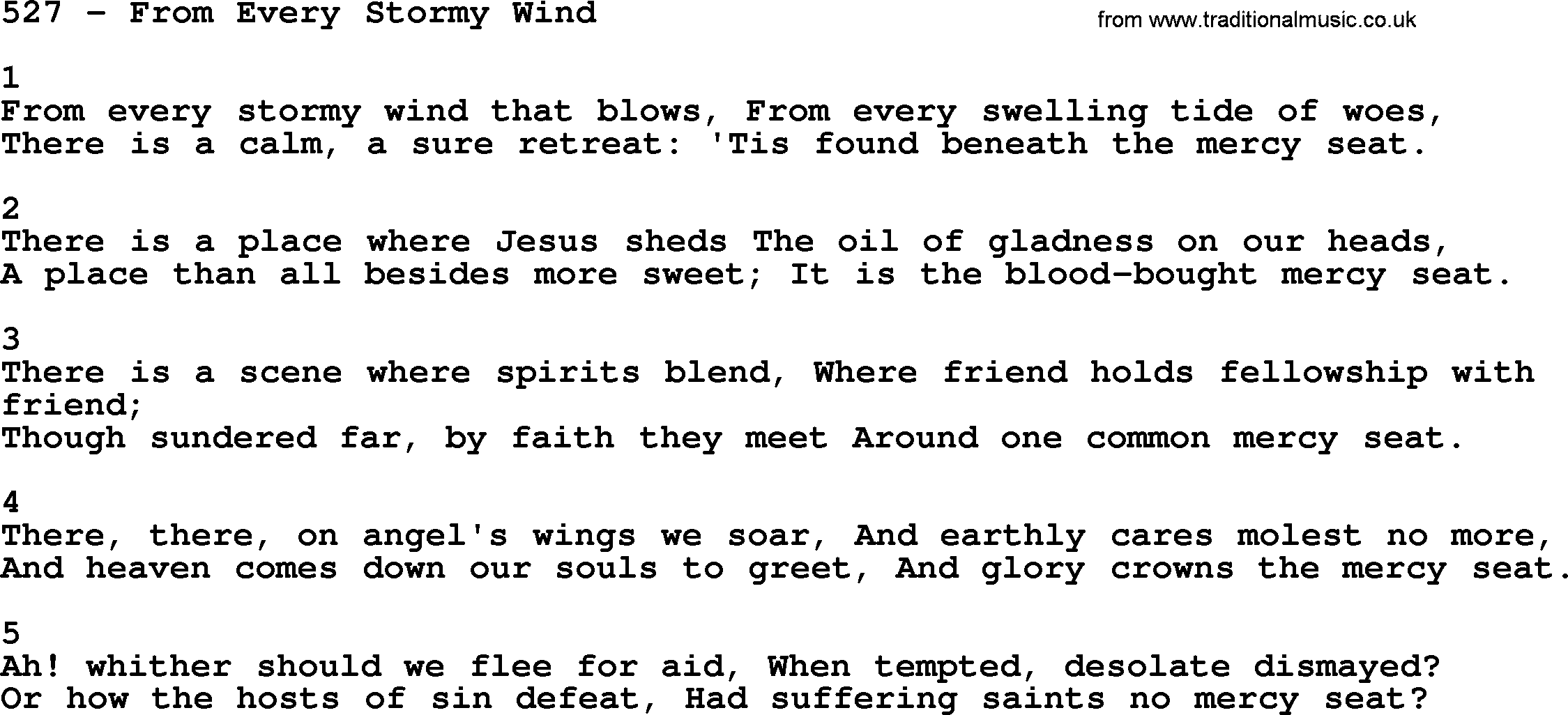 Complete Adventis Hymnal, title: 527-From Every Stormy Wind, with lyrics, midi, mp3, powerpoints(PPT) and PDF,