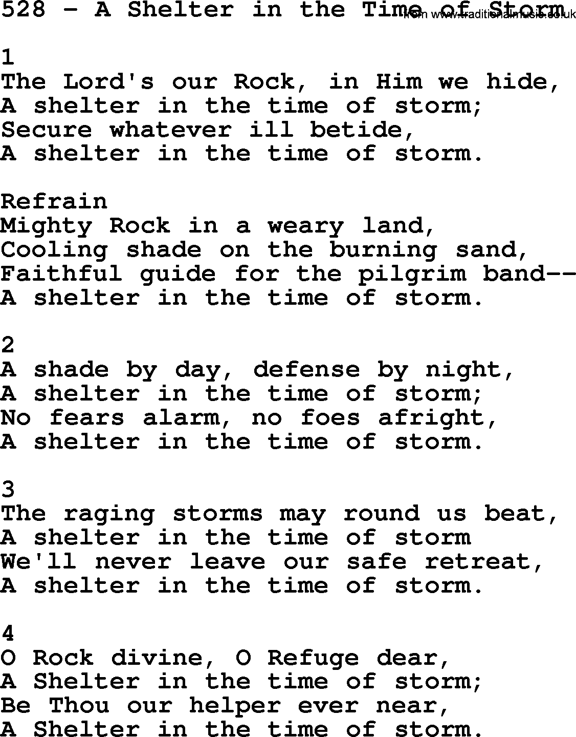 Complete Adventis Hymnal, title: 528-A Shelter In The Time Of Storm, with lyrics, midi, mp3, powerpoints(PPT) and PDF,