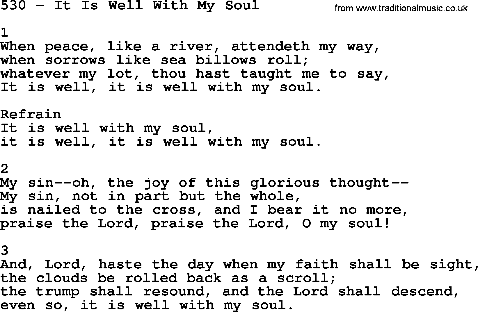 Complete Adventis Hymnal, title: 530-It Is Well With My Soul, with lyrics, midi, mp3, powerpoints(PPT) and PDF,