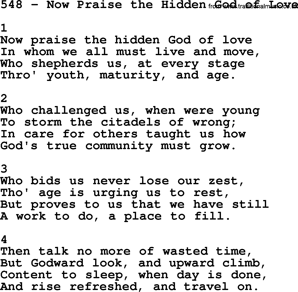 Complete Adventis Hymnal, title: 548-Now Praise The Hidden God Of Love, with lyrics, midi, mp3, powerpoints(PPT) and PDF,