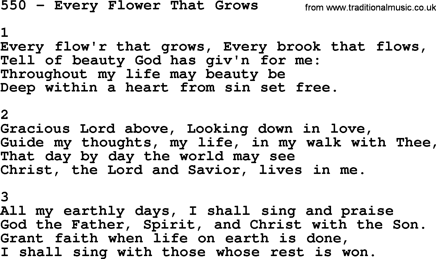 Complete Adventis Hymnal, title: 550-Every Flower That Grows, with lyrics, midi, mp3, powerpoints(PPT) and PDF,
