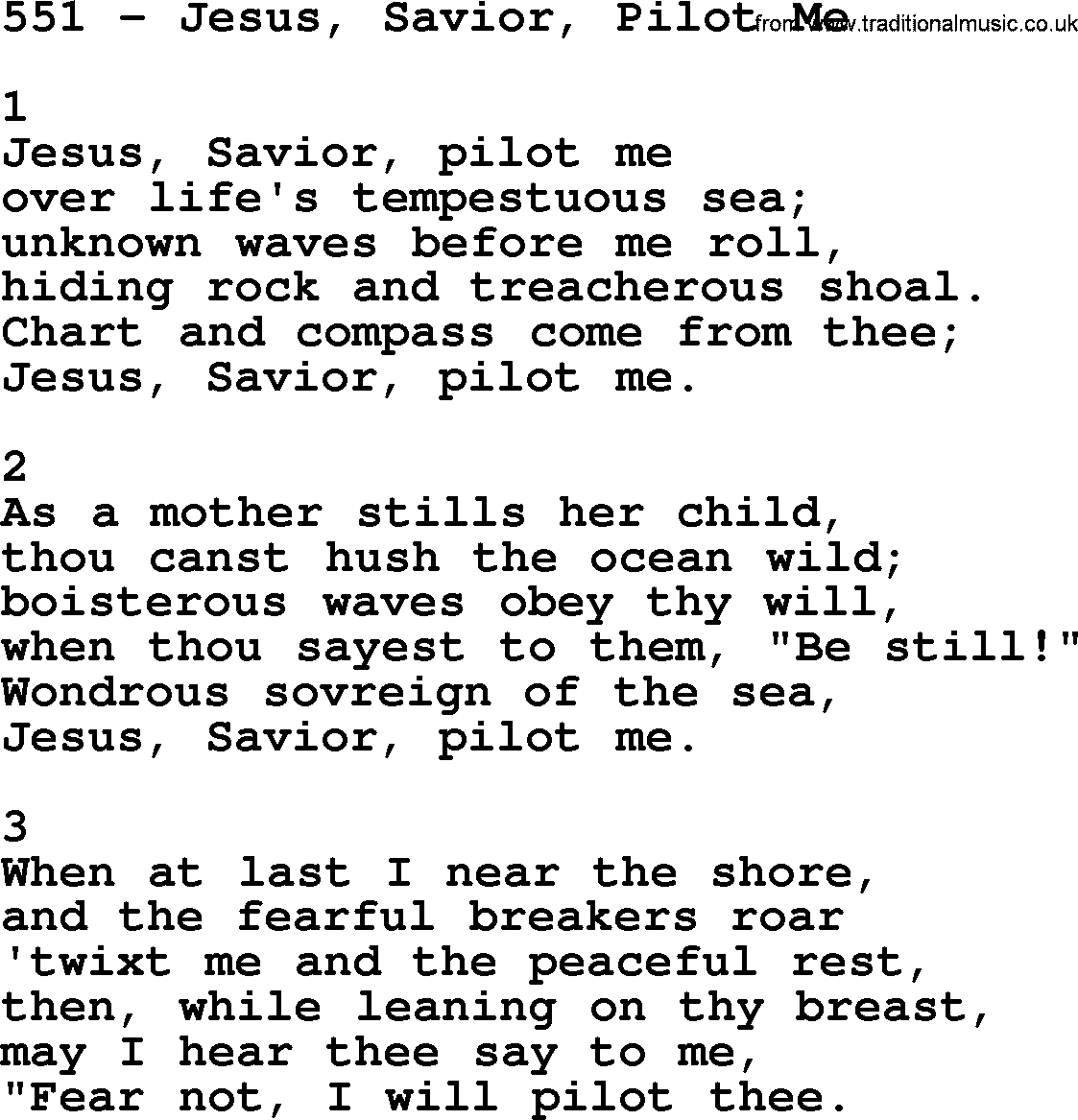 Complete Adventis Hymnal, title: 551-Jesus, Savior, Pilot Me, with lyrics, midi, mp3, powerpoints(PPT) and PDF,