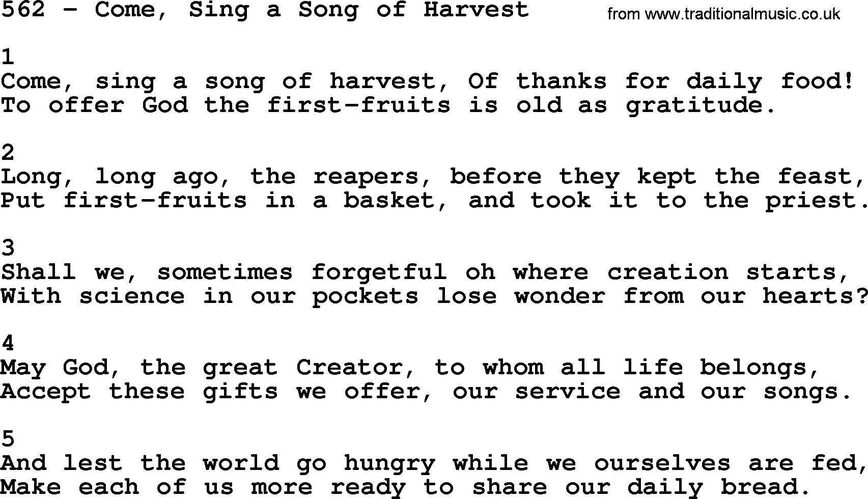 Complete Adventis Hymnal, title: 562-Come, Sing A Song Of Harvest, with lyrics, midi, mp3, powerpoints(PPT) and PDF,