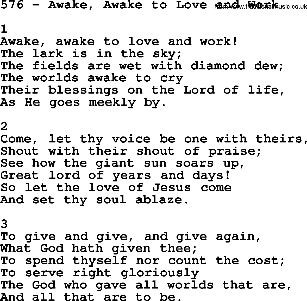 Complete Adventis Hymnal, title: 576-Awake, Awake To Love And Work, with lyrics, midi, mp3, powerpoints(PPT) and PDF,