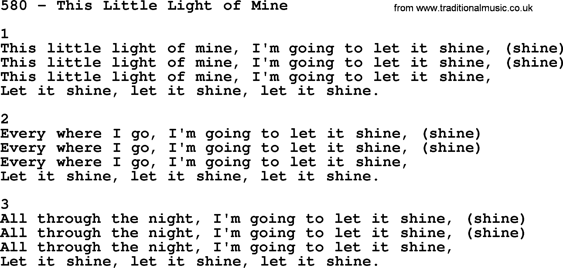 Complete Adventis Hymnal, title: 580-This Little Light Of Mine, with lyrics, midi, mp3, powerpoints(PPT) and PDF,