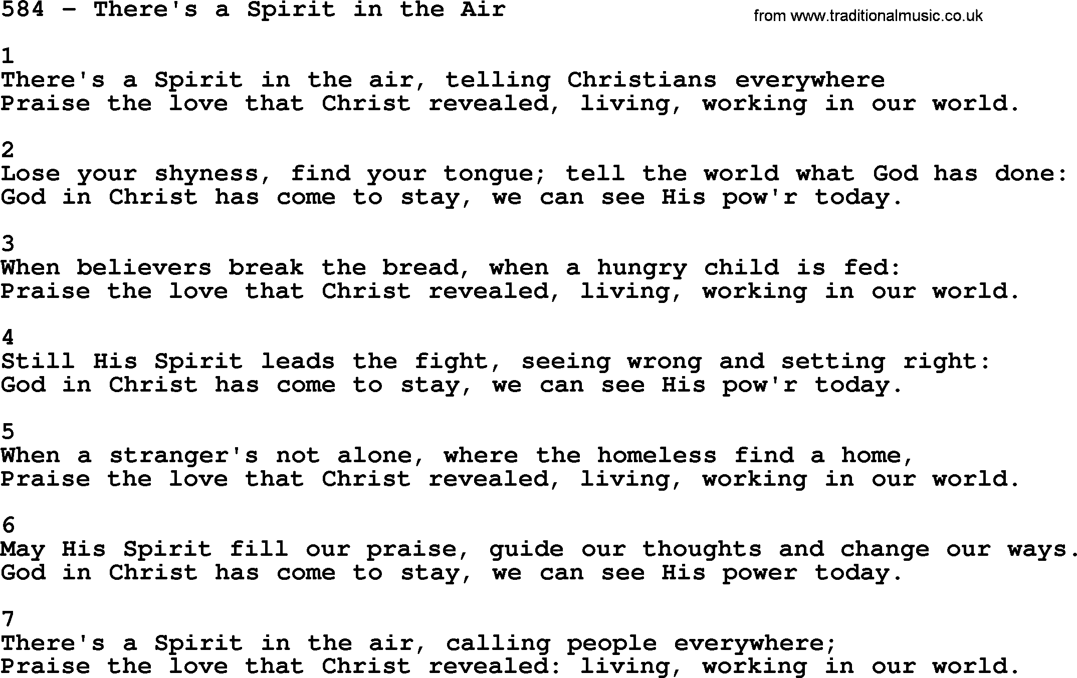 Complete Adventis Hymnal, title: 584-There's A Spirit In The Air, with lyrics, midi, mp3, powerpoints(PPT) and PDF,