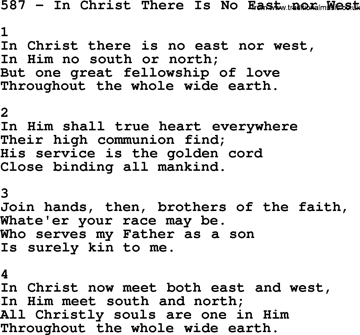 Complete Adventis Hymnal, title: 587-In Christ There Is No East Nor West, with lyrics, midi, mp3, powerpoints(PPT) and PDF,