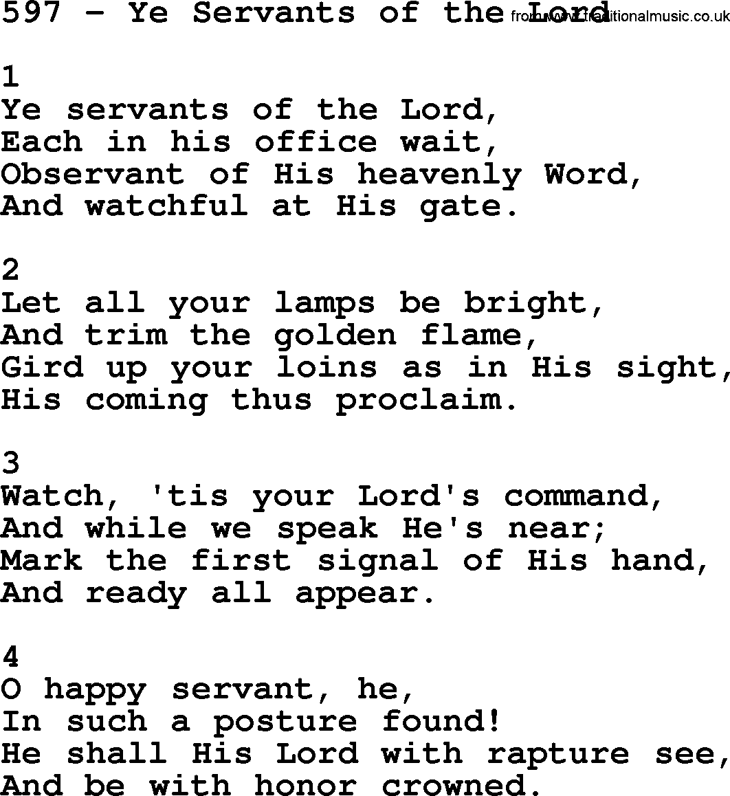 Complete Adventis Hymnal, title: 597-Ye Servants Of The Lord, with lyrics, midi, mp3, powerpoints(PPT) and PDF,