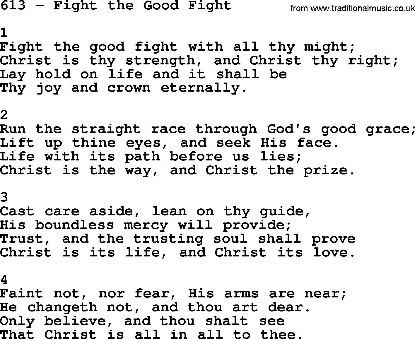 Complete Adventis Hymnal, title: 613-Fight The Good Fight, with lyrics, midi, mp3, powerpoints(PPT) and PDF,