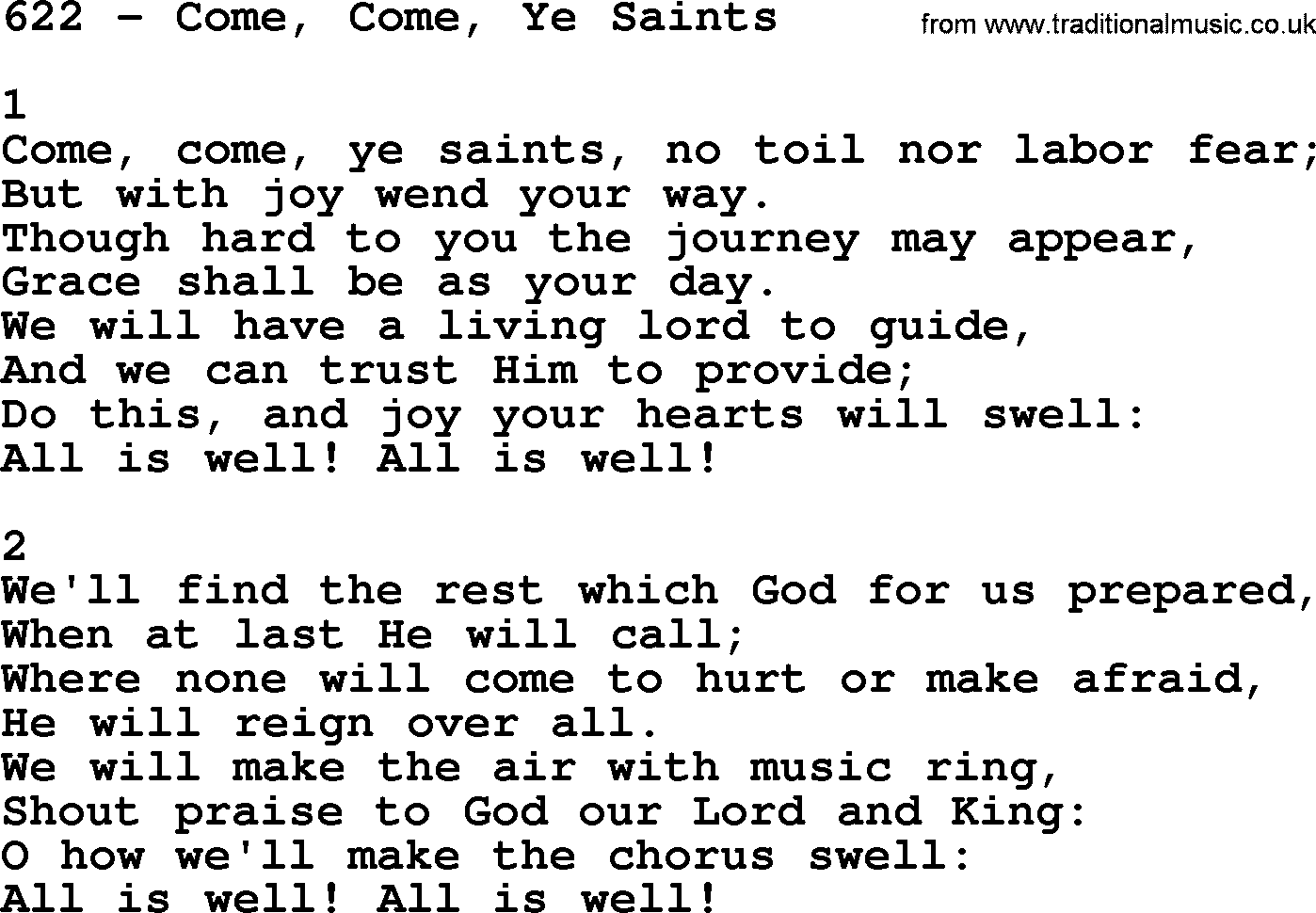 Complete Adventis Hymnal, title: 622-Come, Come, Ye Saints, with lyrics, midi, mp3, powerpoints(PPT) and PDF,