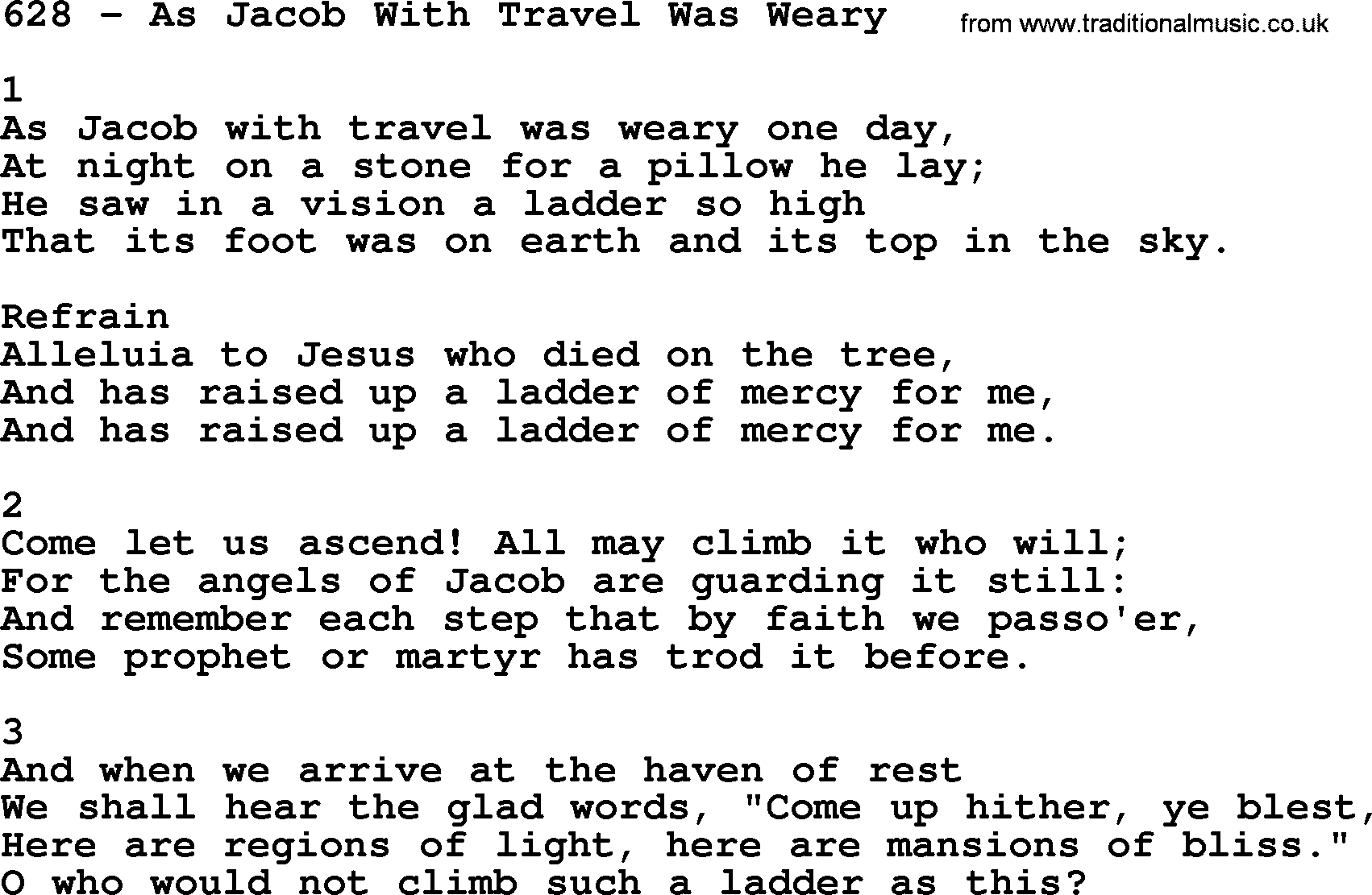 Complete Adventis Hymnal, title: 628-As Jacob With Travel Was Weary, with lyrics, midi, mp3, powerpoints(PPT) and PDF,