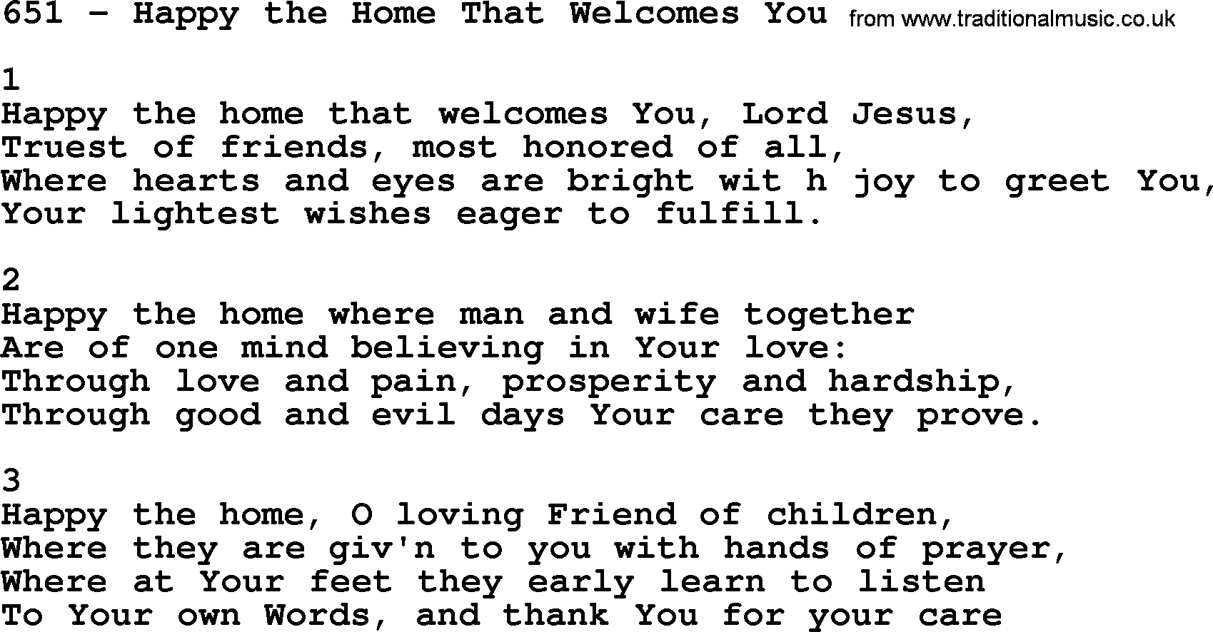 Complete Adventis Hymnal, title: 651-Happy The Home That Welcomes You, with lyrics, midi, mp3, powerpoints(PPT) and PDF,