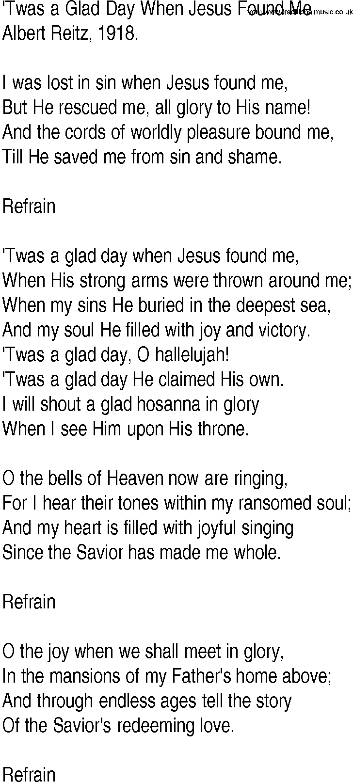 Hymn and Gospel Song: 'Twas a Glad Day When Jesus Found Me by Albert Reitz lyrics