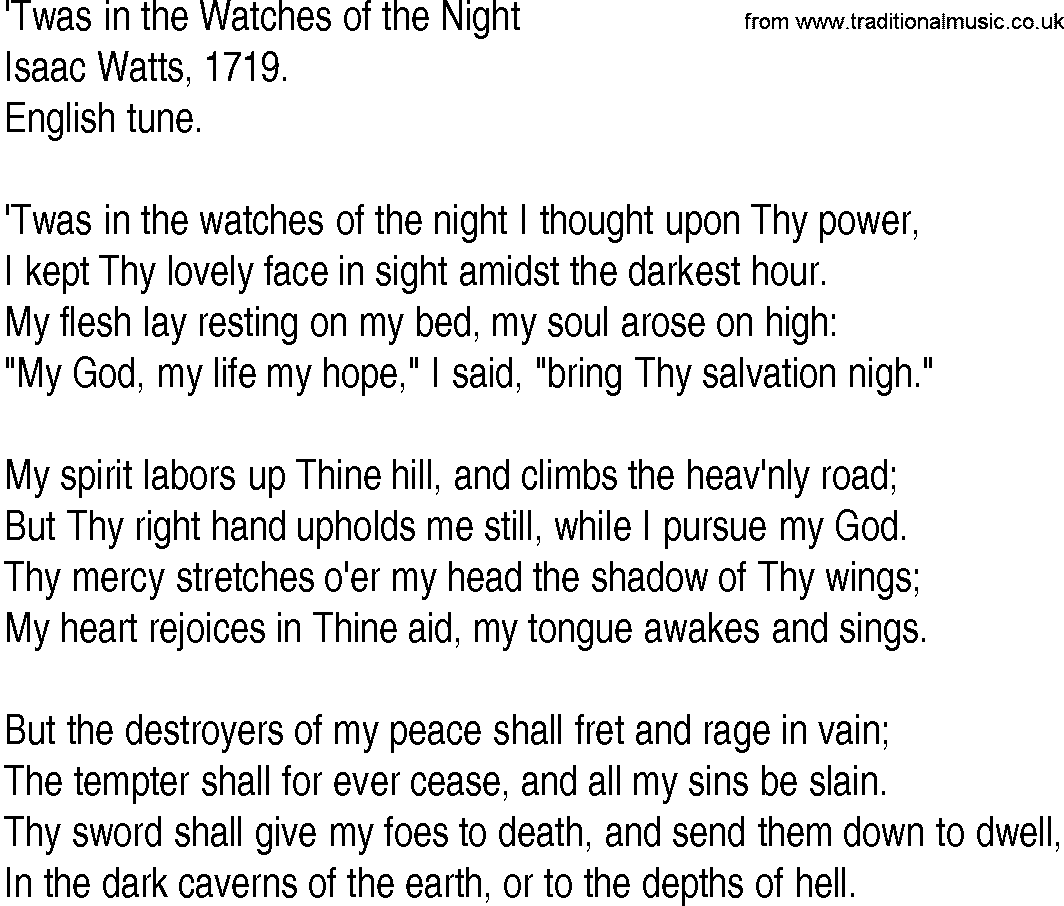 Hymn and Gospel Song: 'Twas in the Watches of the Night by Isaac Watts lyrics