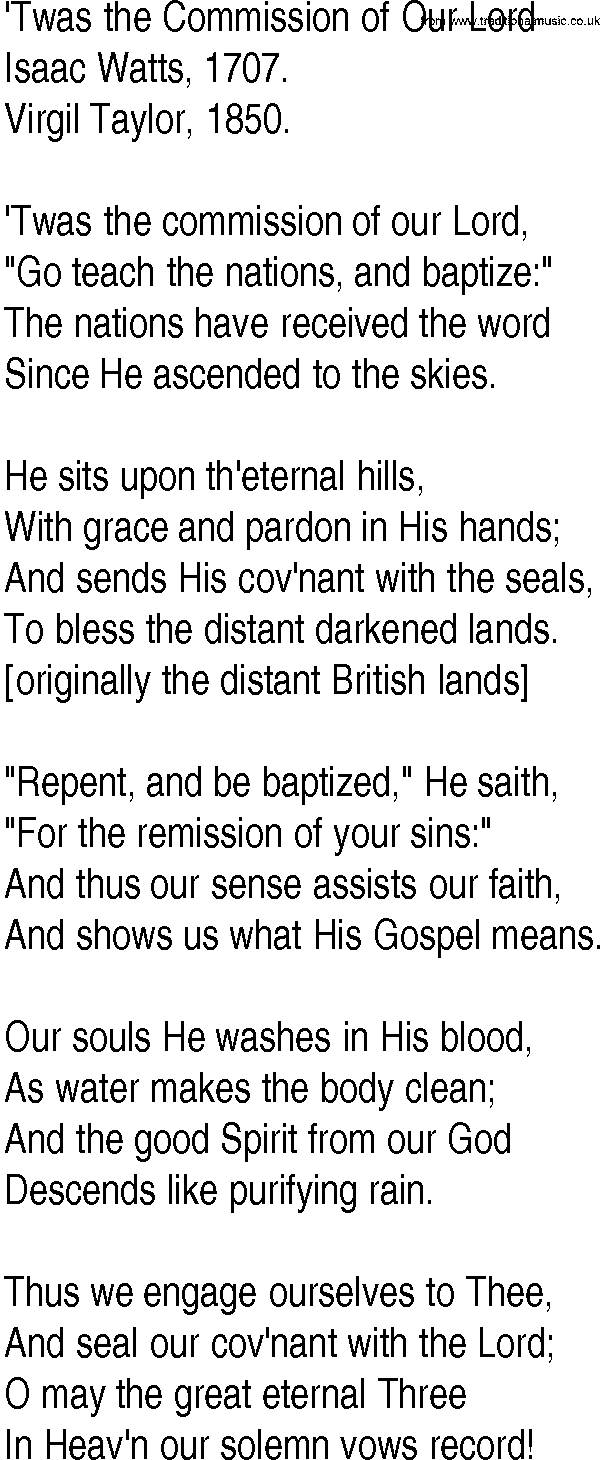 Hymn and Gospel Song: 'Twas the Commission of Our Lord by Isaac Watts lyrics