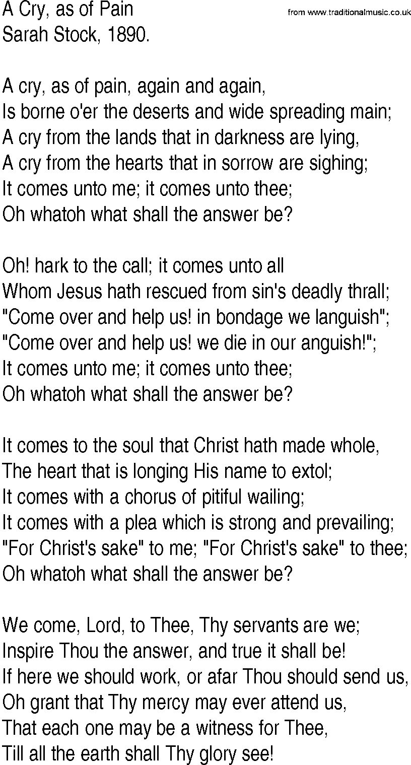 Hymn and Gospel Song: A Cry, as of Pain by Sarah Stock lyrics