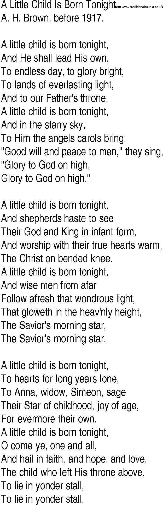 Hymn and Gospel Song: A Little Child Is Born Tonight by A H Brown before lyrics