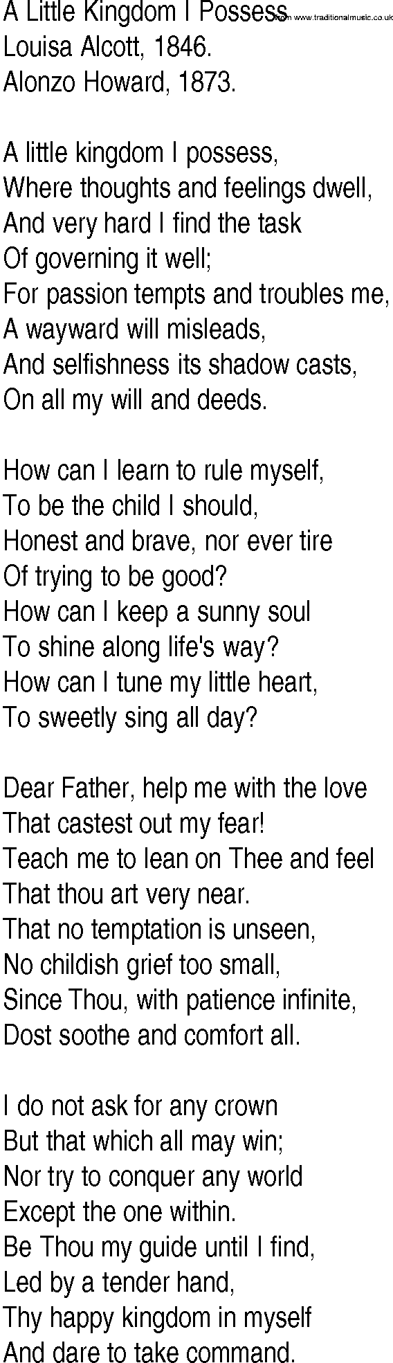 Hymn and Gospel Song: A Little Kingdom I Possess by Louisa Alcott lyrics