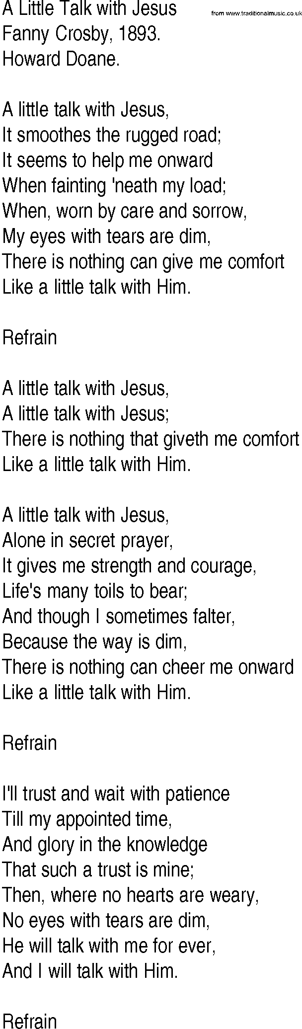 Hymn and Gospel Song: A Little Talk with Jesus by Fanny Crosby lyrics