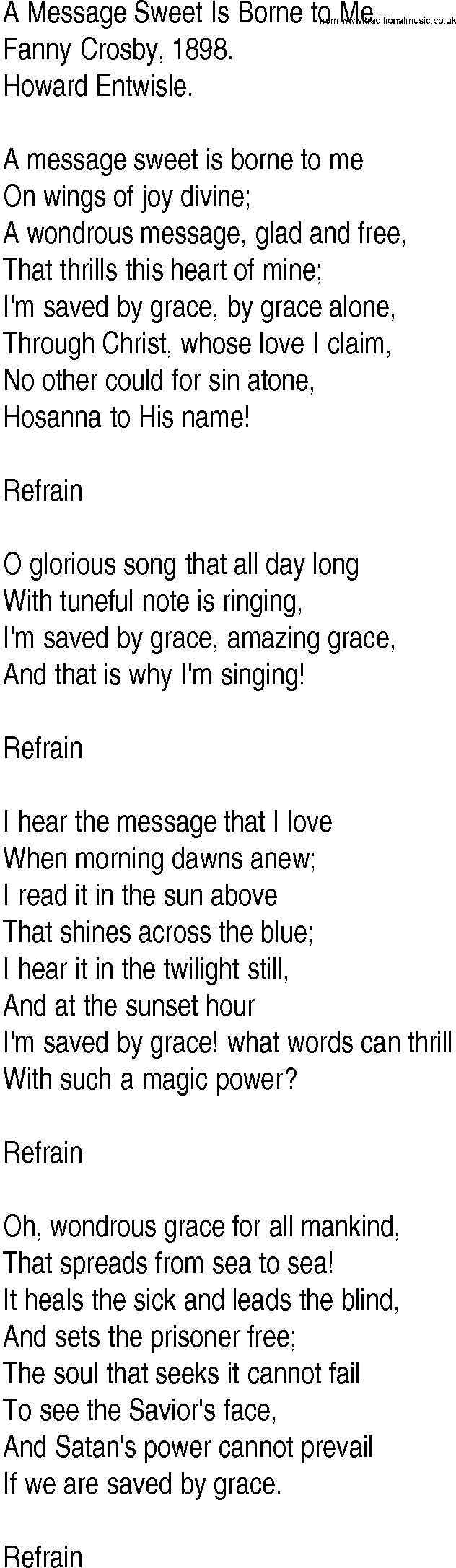 Hymn and Gospel Song: A Message Sweet Is Borne to Me by Fanny Crosby lyrics