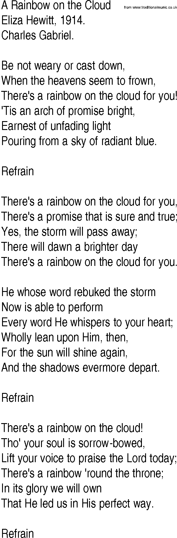 Hymn and Gospel Song: A Rainbow on the Cloud by Eliza Hewitt lyrics