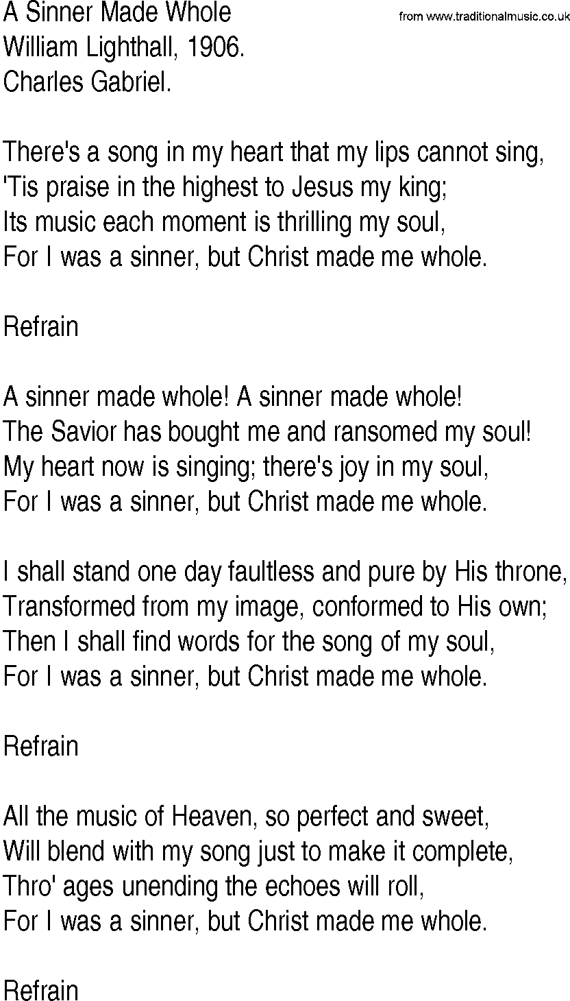 Hymn and Gospel Song: A Sinner Made Whole by William Lighthall lyrics