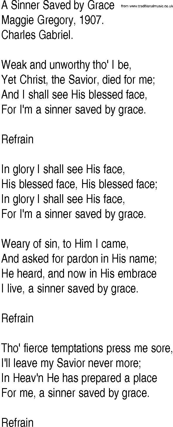 Hymn and Gospel Song: A Sinner Saved by Grace by Maggie Gregory lyrics