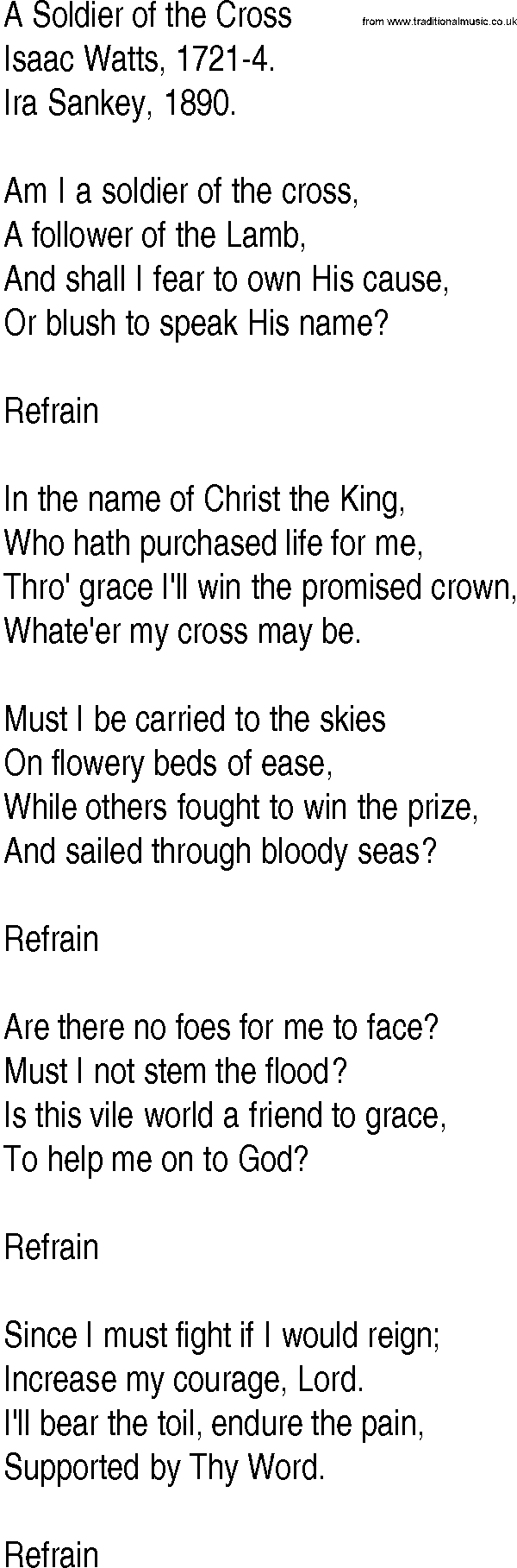Hymn and Gospel Song: A Soldier of the Cross by Isaac Watts lyrics