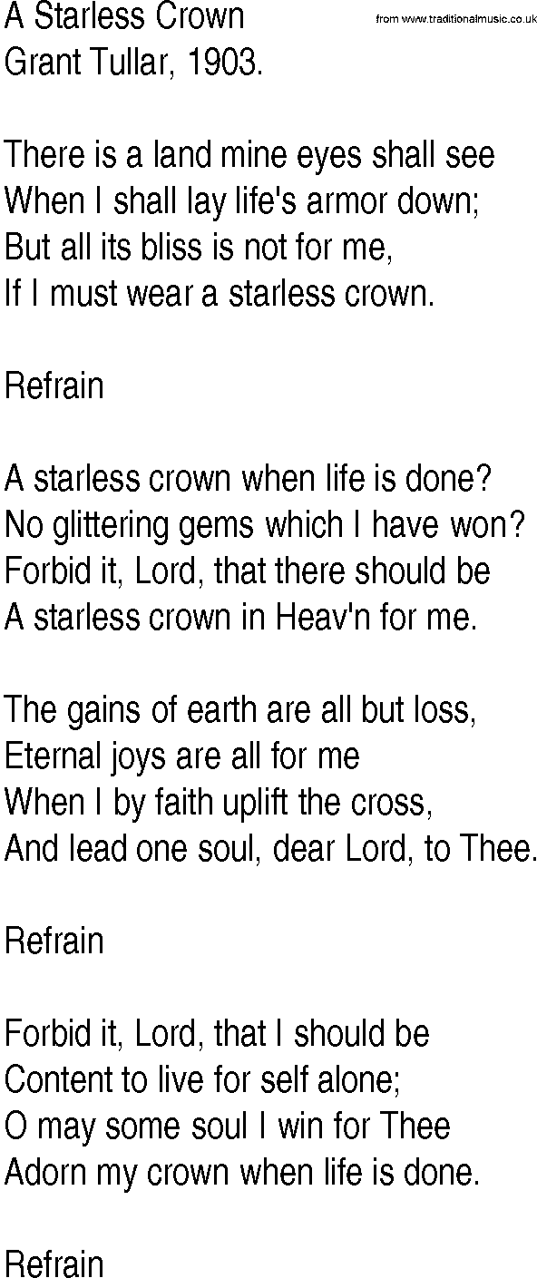 Hymn and Gospel Song: A Starless Crown by Grant Tullar lyrics