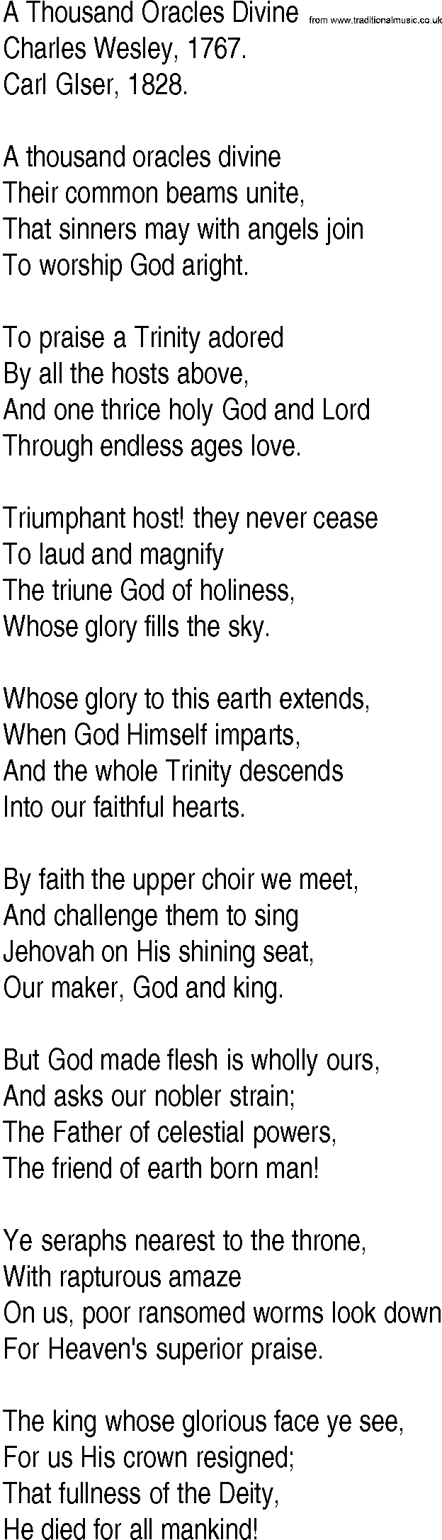 Hymn and Gospel Song: A Thousand Oracles Divine by Charles Wesley lyrics