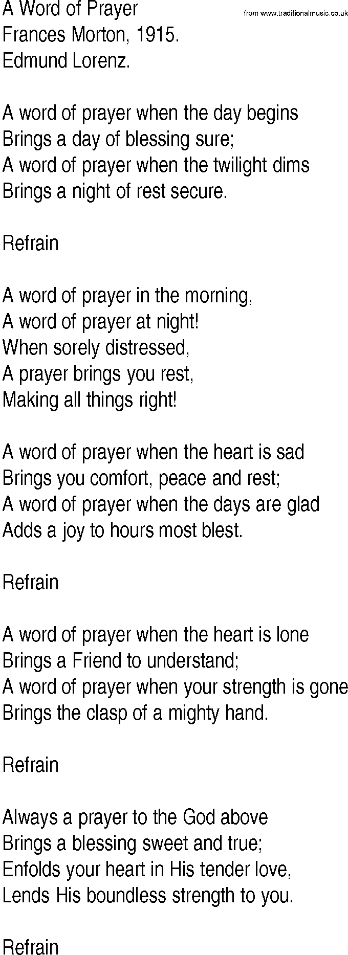 Hymn and Gospel Song: A Word of Prayer by Frances Morton lyrics