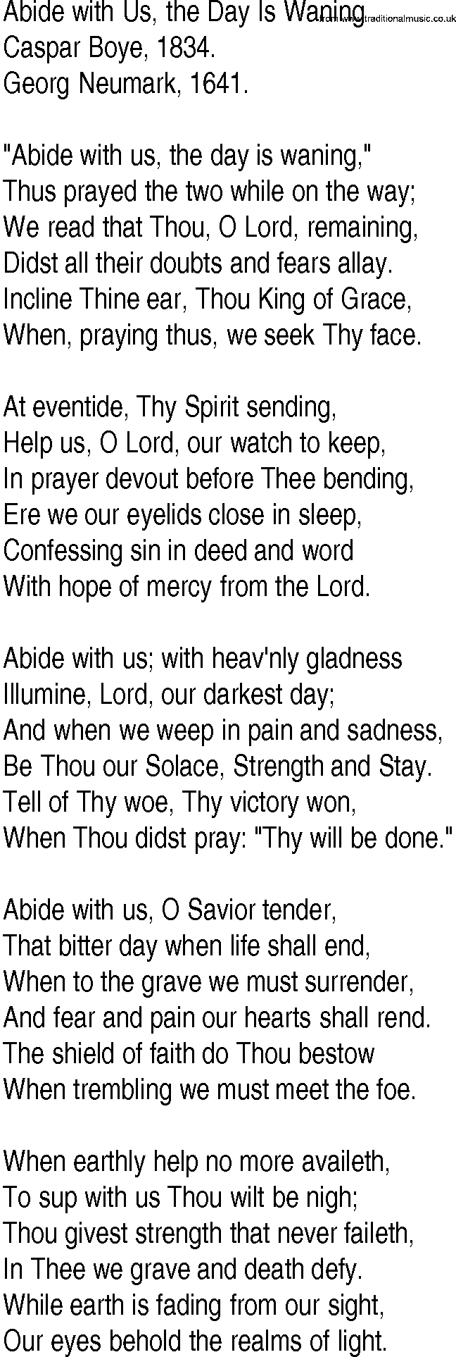 Hymn and Gospel Song: Abide with Us, the Day Is Waning by Caspar Boye lyrics