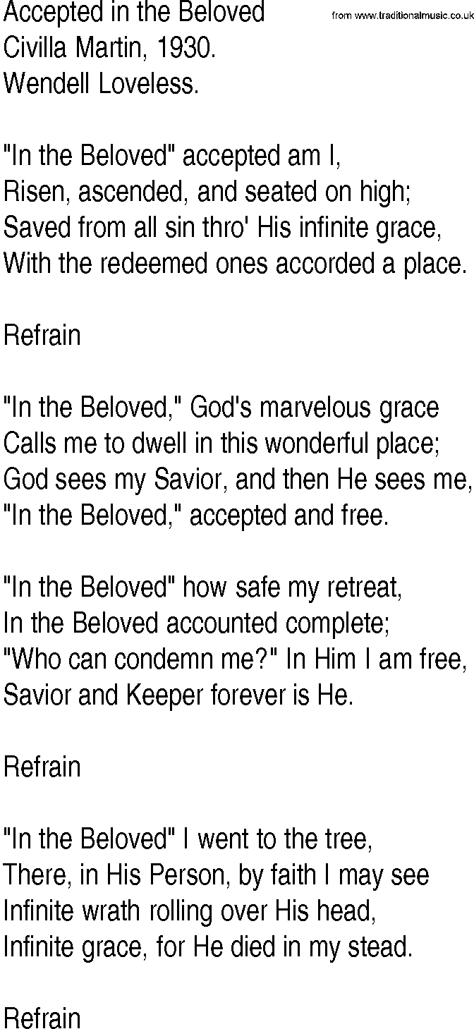 Hymn and Gospel Song: Accepted in the Beloved by Civilla Martin lyrics