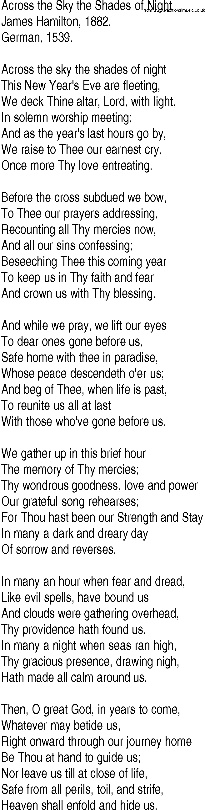 Hymn and Gospel Song: Across the Sky the Shades of Night by James Hamilton lyrics