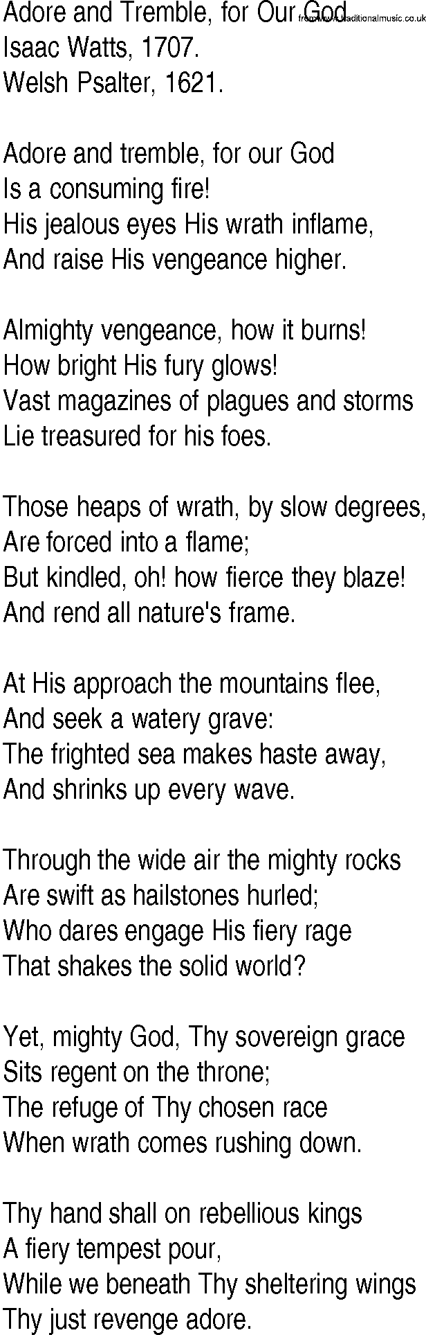 Hymn and Gospel Song: Adore and Tremble, for Our God by Isaac Watts lyrics