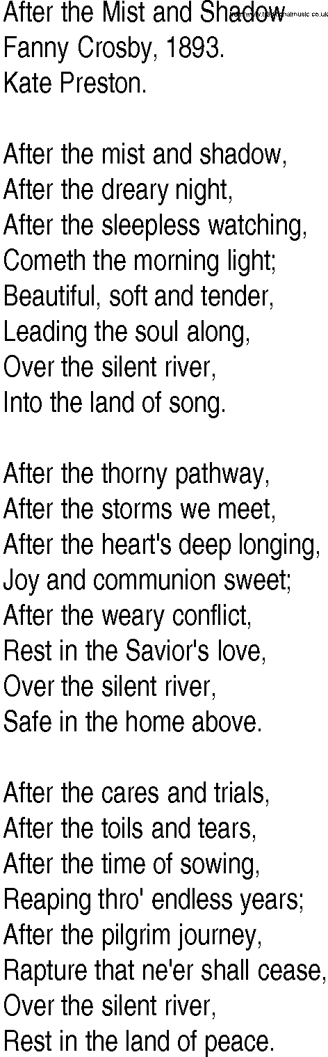 Hymn and Gospel Song: After the Mist and Shadow by Fanny Crosby lyrics