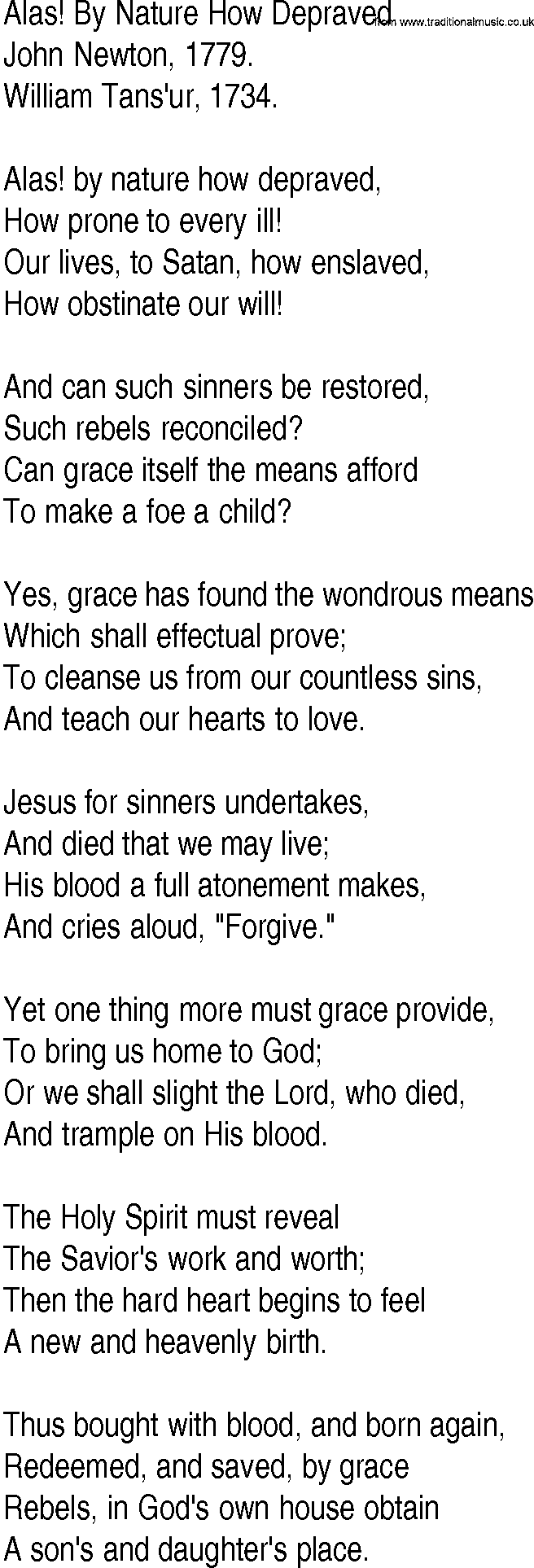 Hymn and Gospel Song: Alas! By Nature How Depraved by John Newton lyrics