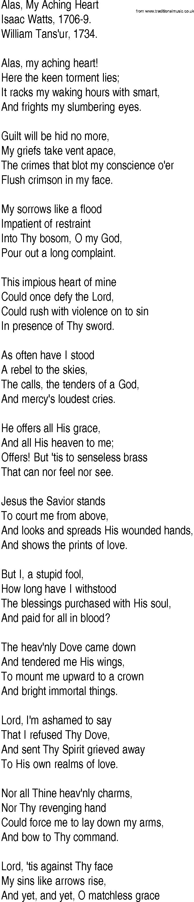 Hymn and Gospel Song: Alas, My Aching Heart by Isaac Watts lyrics