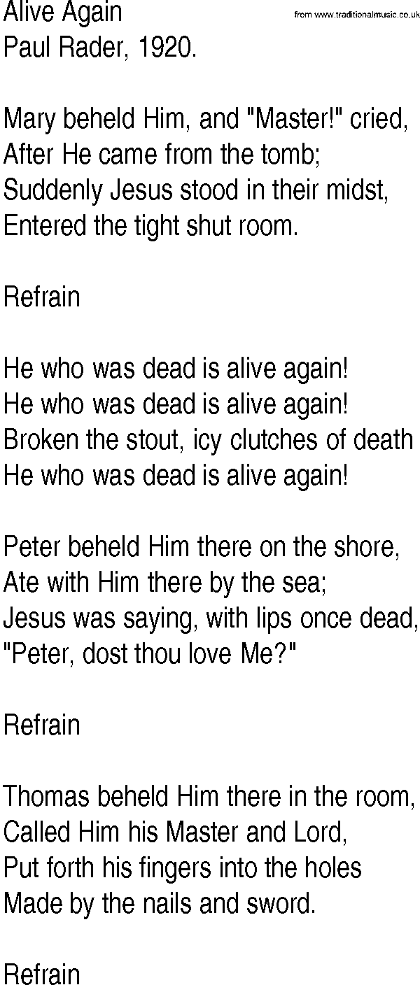 Hymn and Gospel Song: Alive Again by Paul Rader lyrics