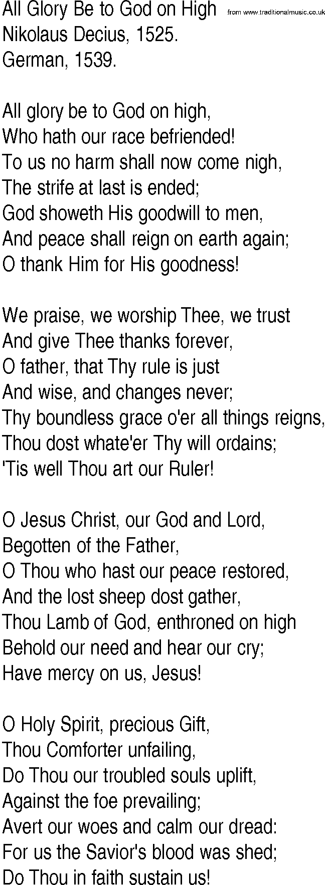 Hymn and Gospel Song: All Glory Be to God on High by Nikolaus Decius lyrics