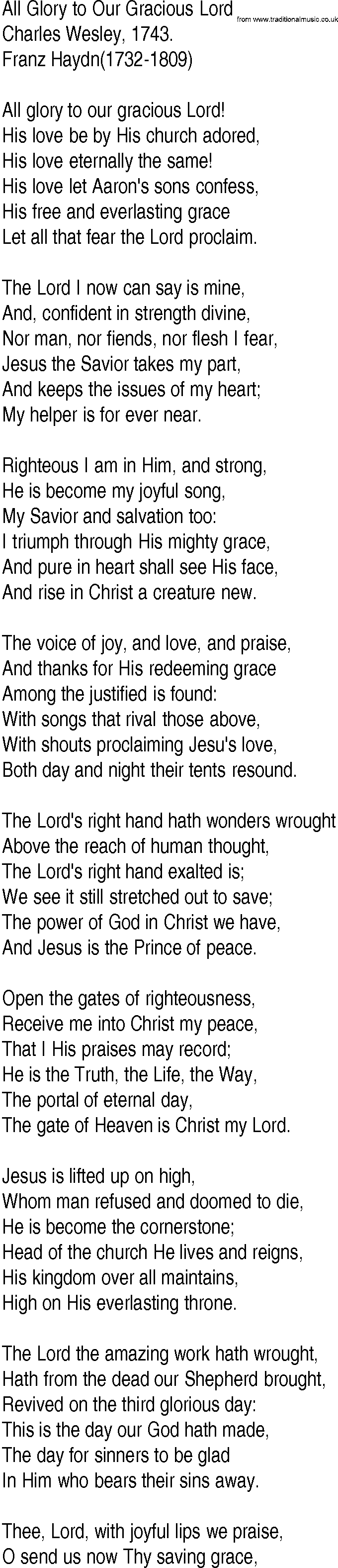 Hymn and Gospel Song: All Glory to Our Gracious Lord by Charles Wesley lyrics