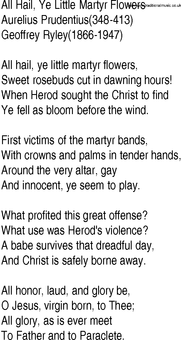 Hymn and Gospel Song: All Hail, Ye Little Martyr Flowers by Aurelius Prudentius lyrics