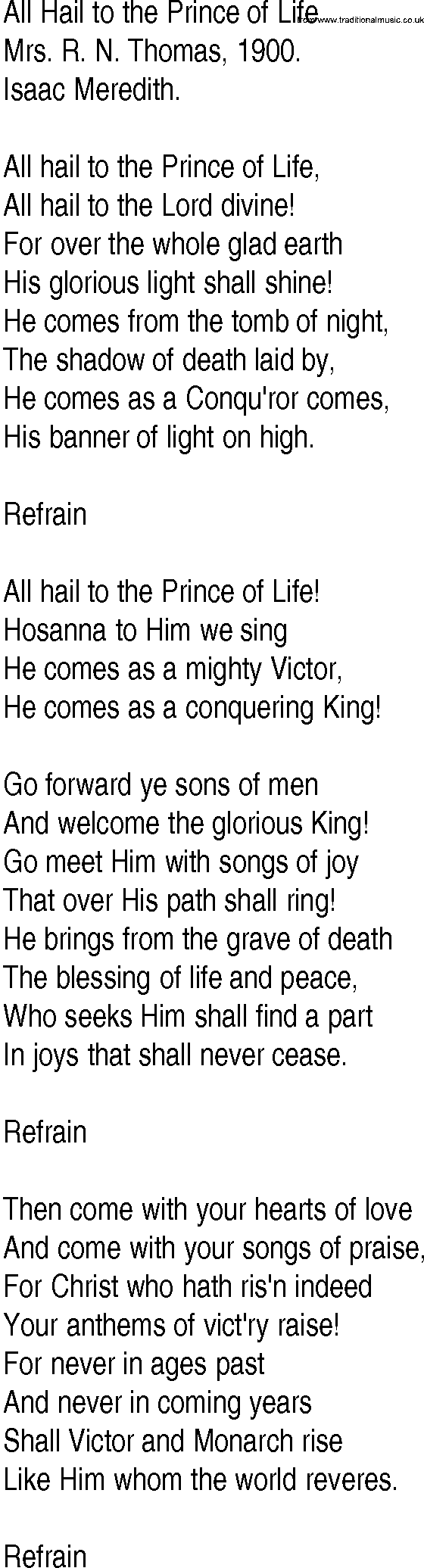 Hymn and Gospel Song: All Hail to the Prince of Life by Mrs R N Thomas lyrics